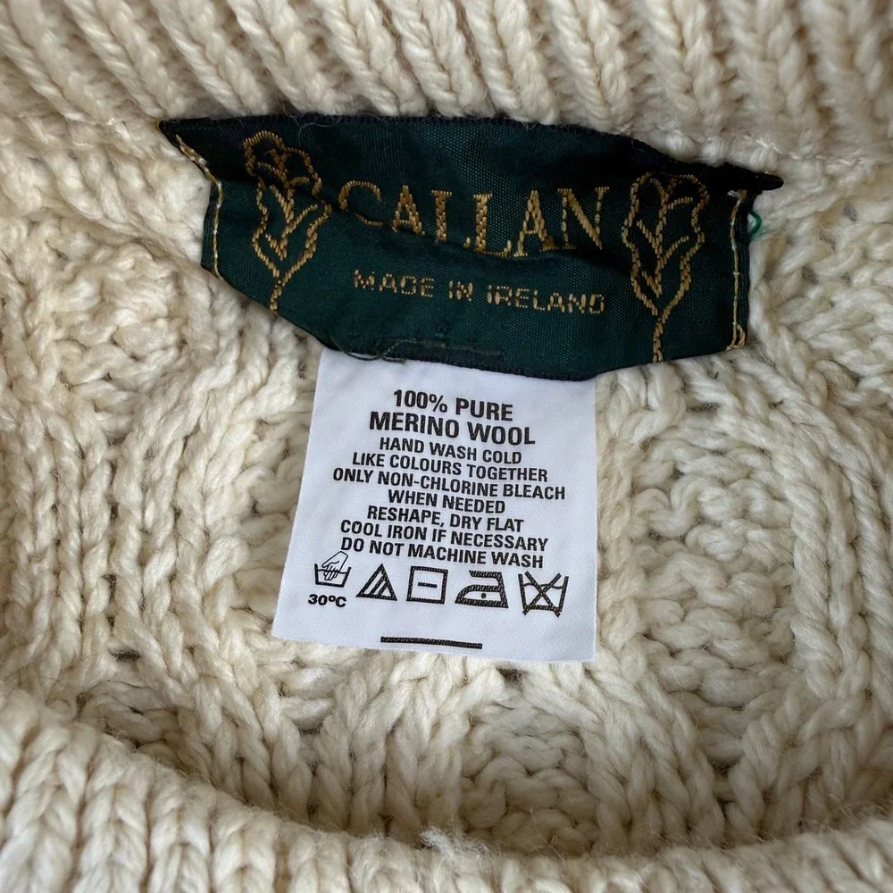 Callan Ireland Men's Cream 100% Pure Merino Wool Aran Cable Knit Sweater XL